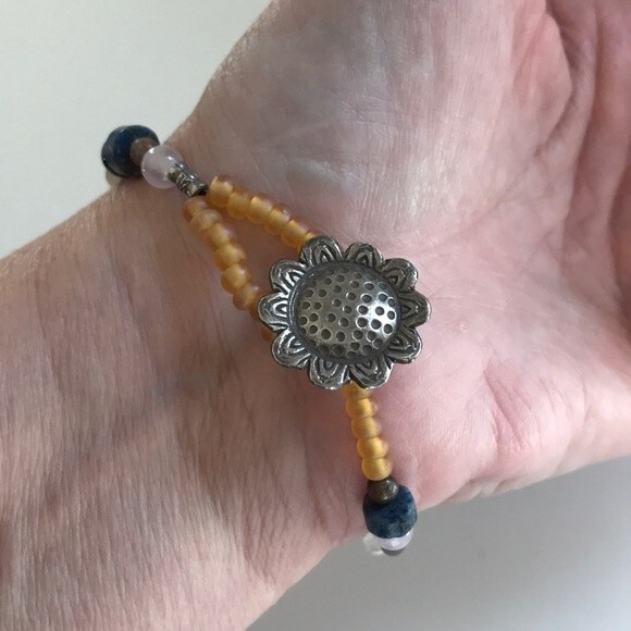 Vintage Handmade Sterling Silver Sunflower Heart Gemstone Bracelet Approx 8 in - Picture 7 of 8